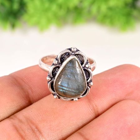 Handmade Silver Plated Ring with Pear Shaped Labradorite Gemstone for Women